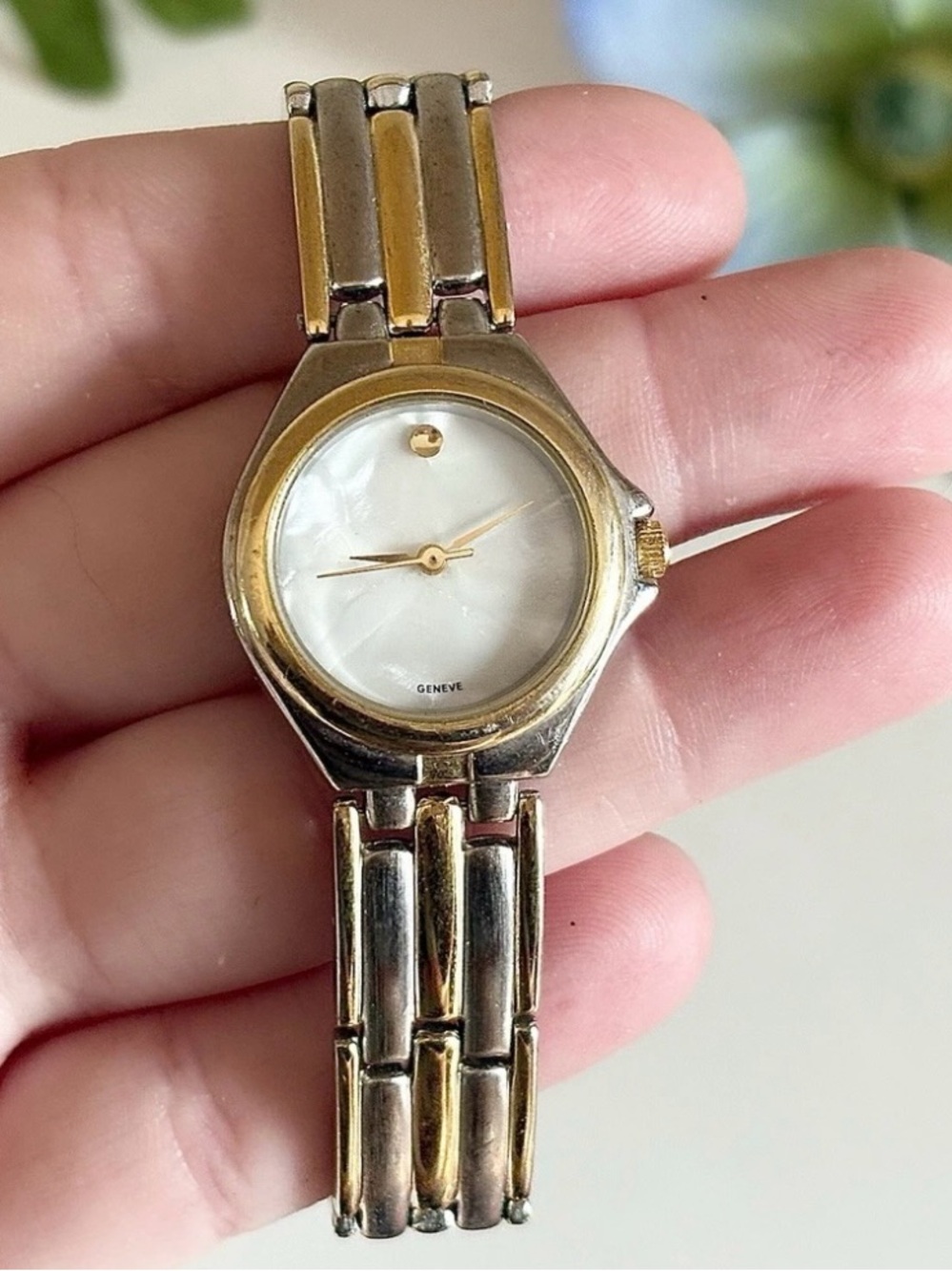 Vintage Geneve Museum Style Womens Watch Mother of Pearl Two-Tone Gold Timepiece